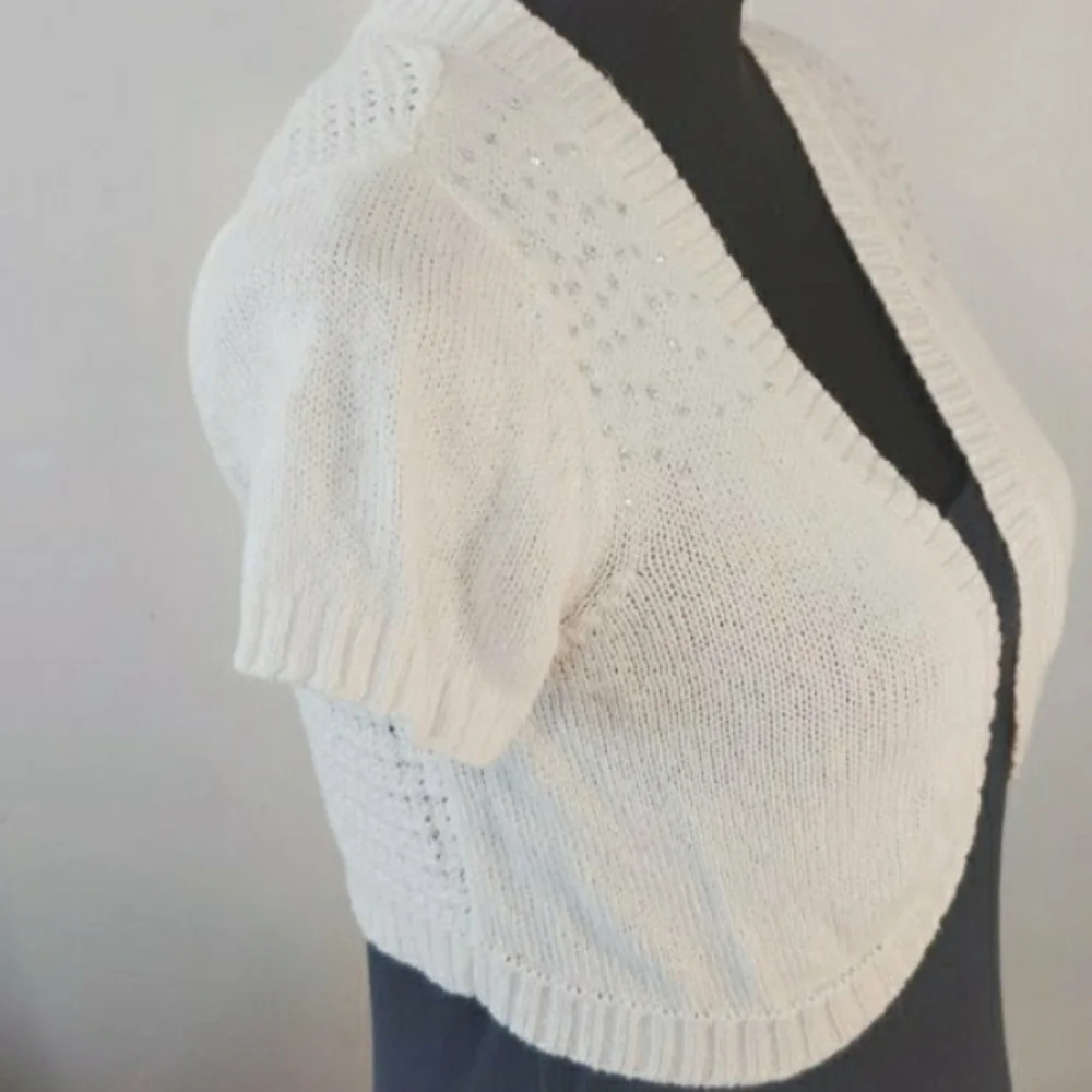 Justice White Rhinestone Shrug - Girl's 16/18 Women XS/Small Cropped Cardigan